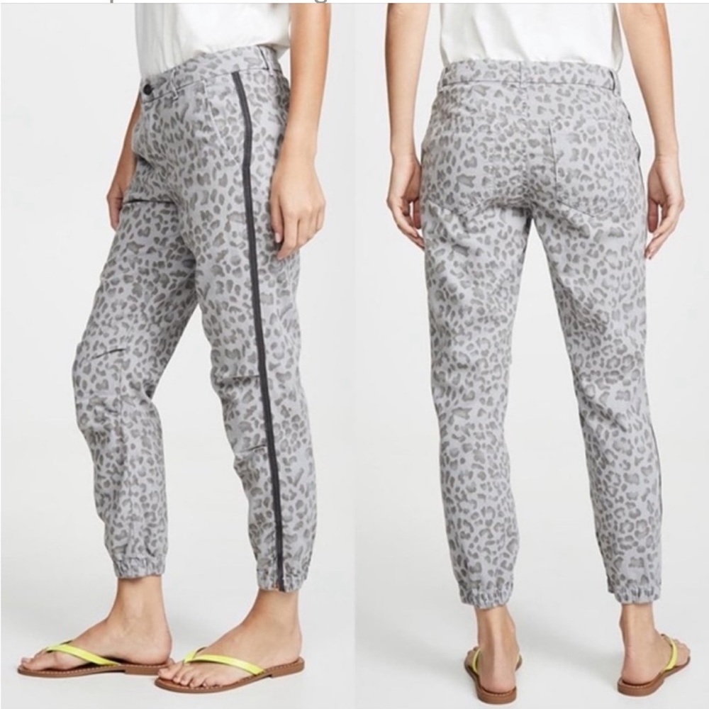 New SUNDRY Leopard Print Cotton Twill Joggers Pants Gray Crop Ankle Zip Tapered